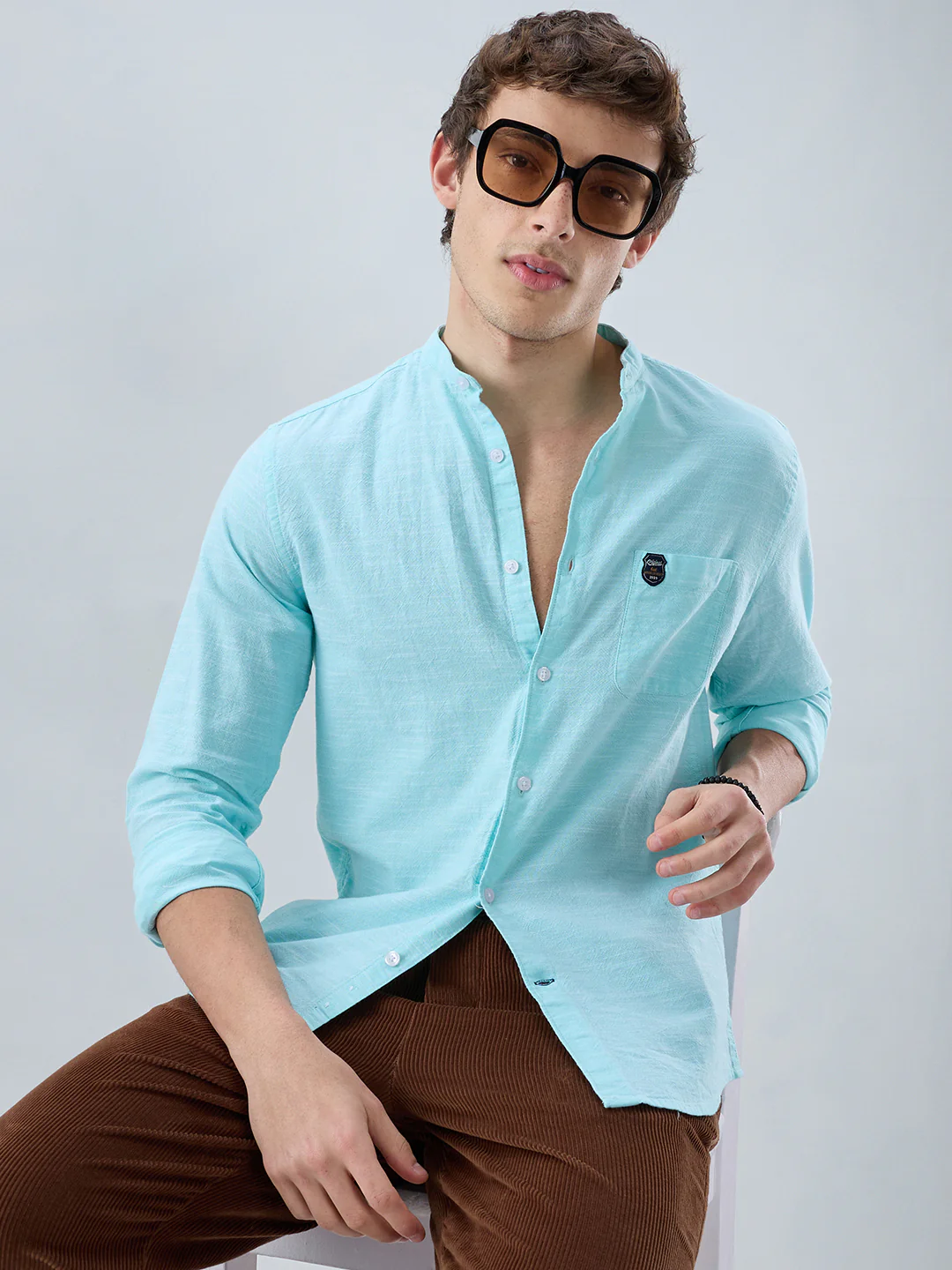 Spring Green Textured Mandarin Collar Shirt - Image 2