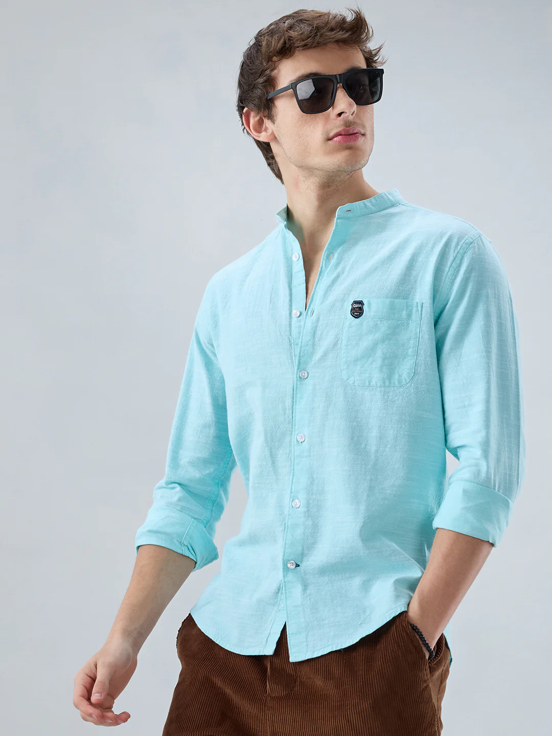Spring Green Textured Mandarin Collar Shirt - Image 4