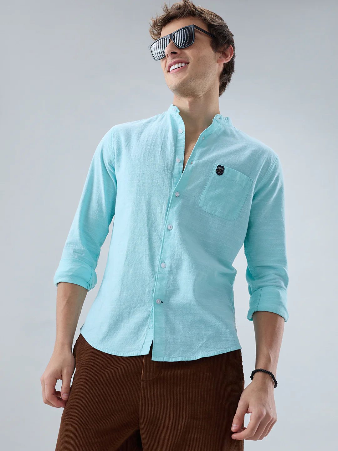 Spring Green Textured Mandarin Collar Shirt - Image 5