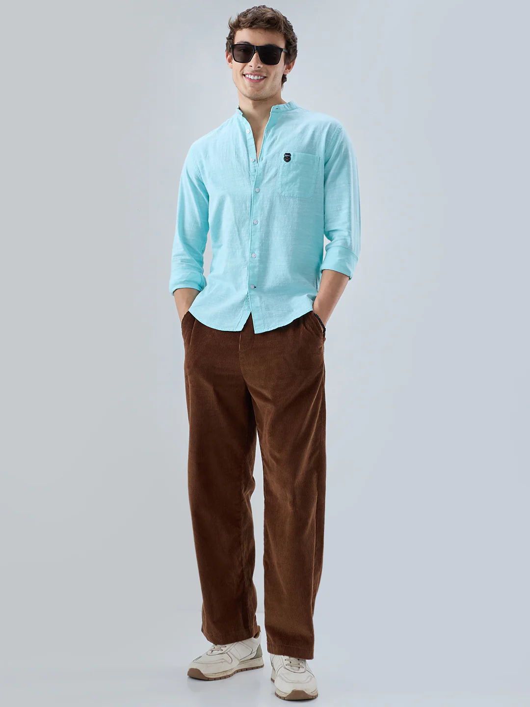 Spring Green Textured Mandarin Collar Shirt - Image 7