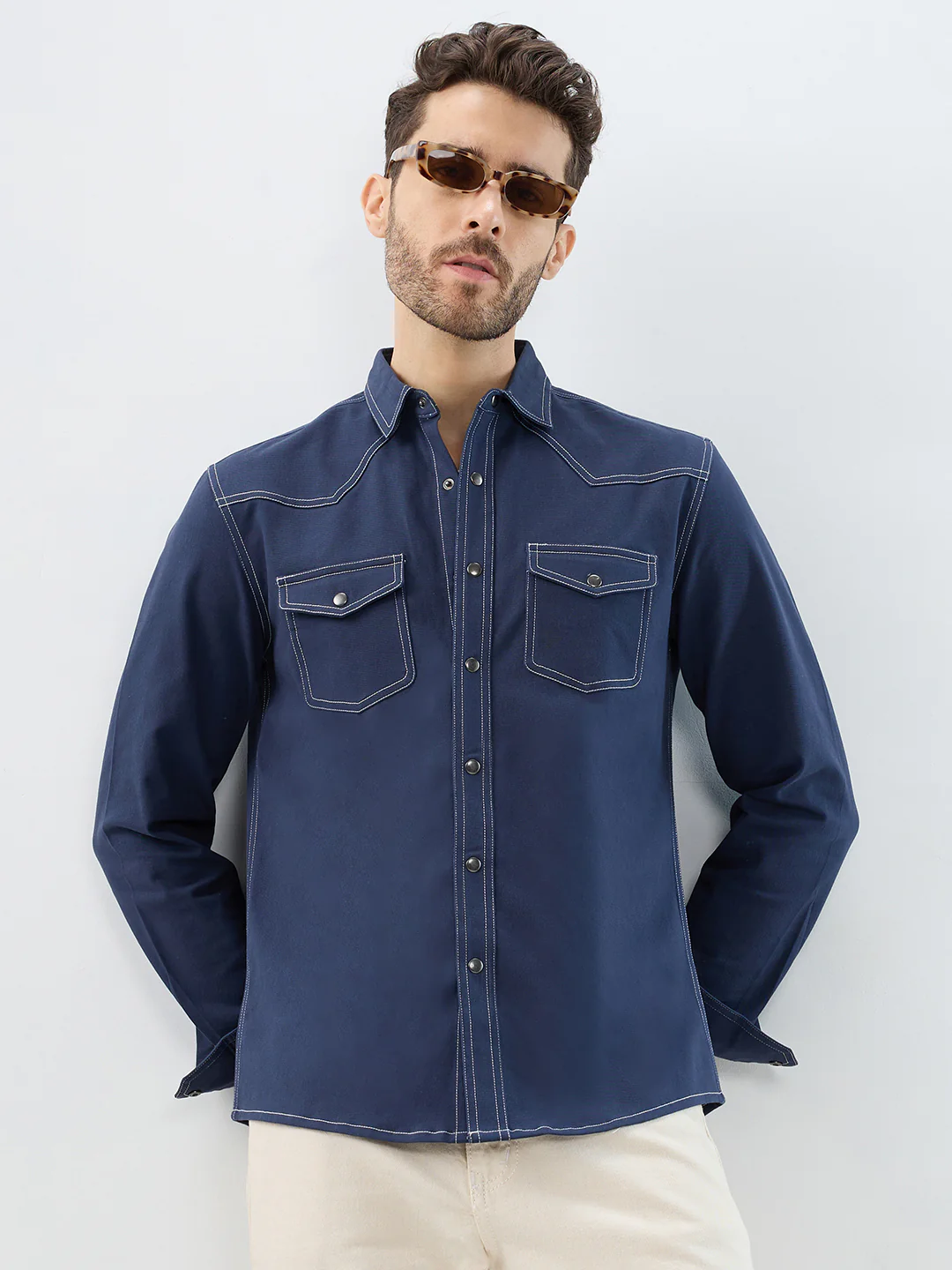 Spruce Blue Contrast Stitch Double Pocket Overshirt - Image 2