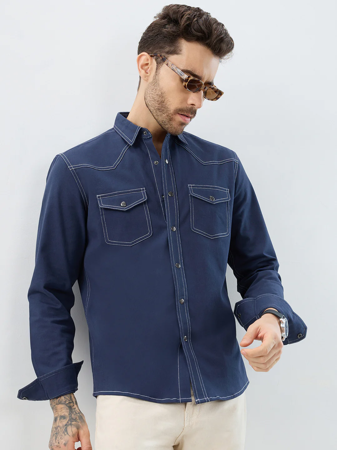 Spruce Blue Contrast Stitch Double Pocket Overshirt - Image 4