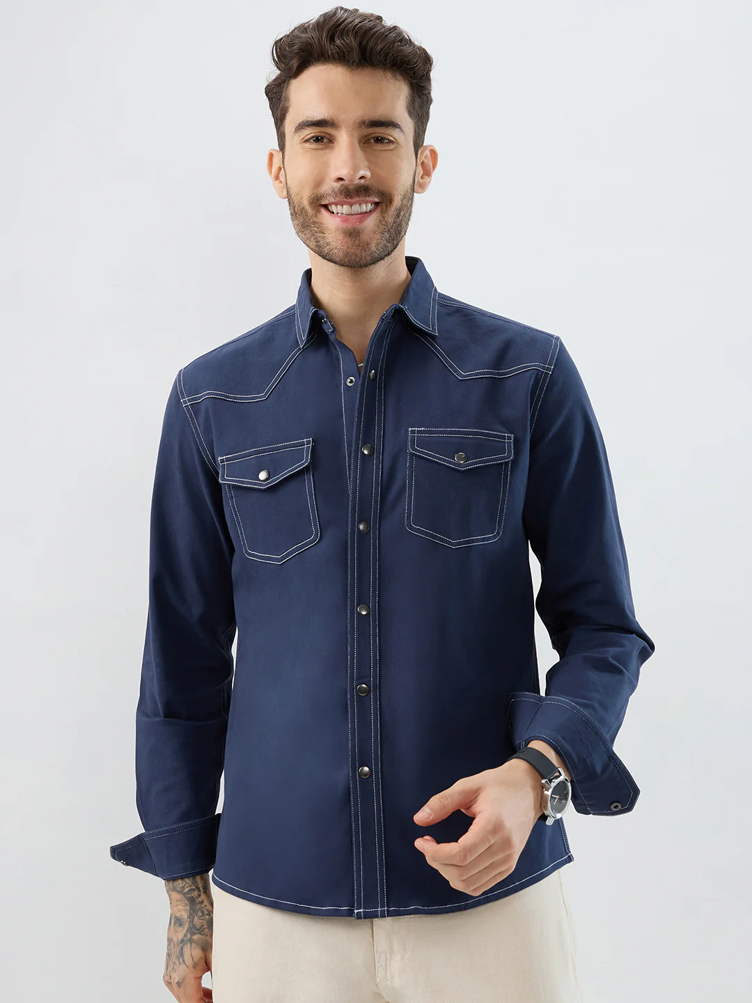 Spruce Blue Contrast Stitch Double Pocket Overshirt - Image 5