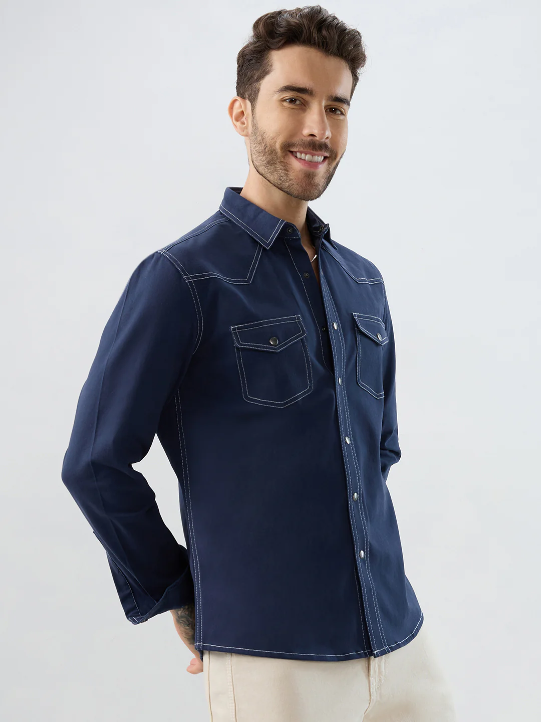 Spruce Blue Contrast Stitch Double Pocket Overshirt - Image 6