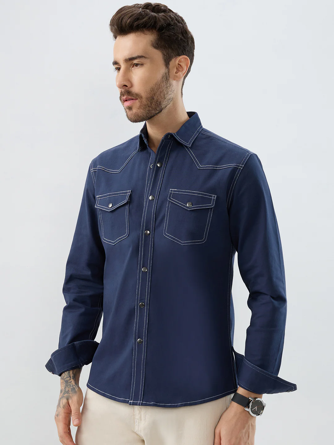 Spruce Blue Contrast Stitch Double Pocket Overshirt - Image 7