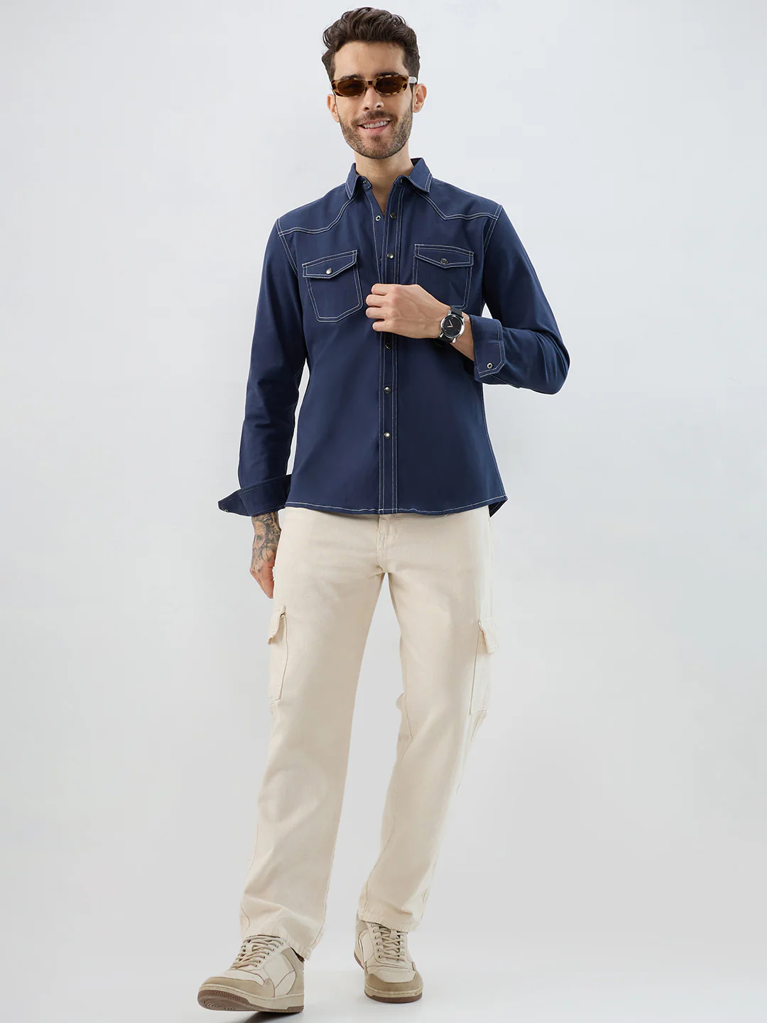 Spruce Blue Contrast Stitch Double Pocket Overshirt - Image 9