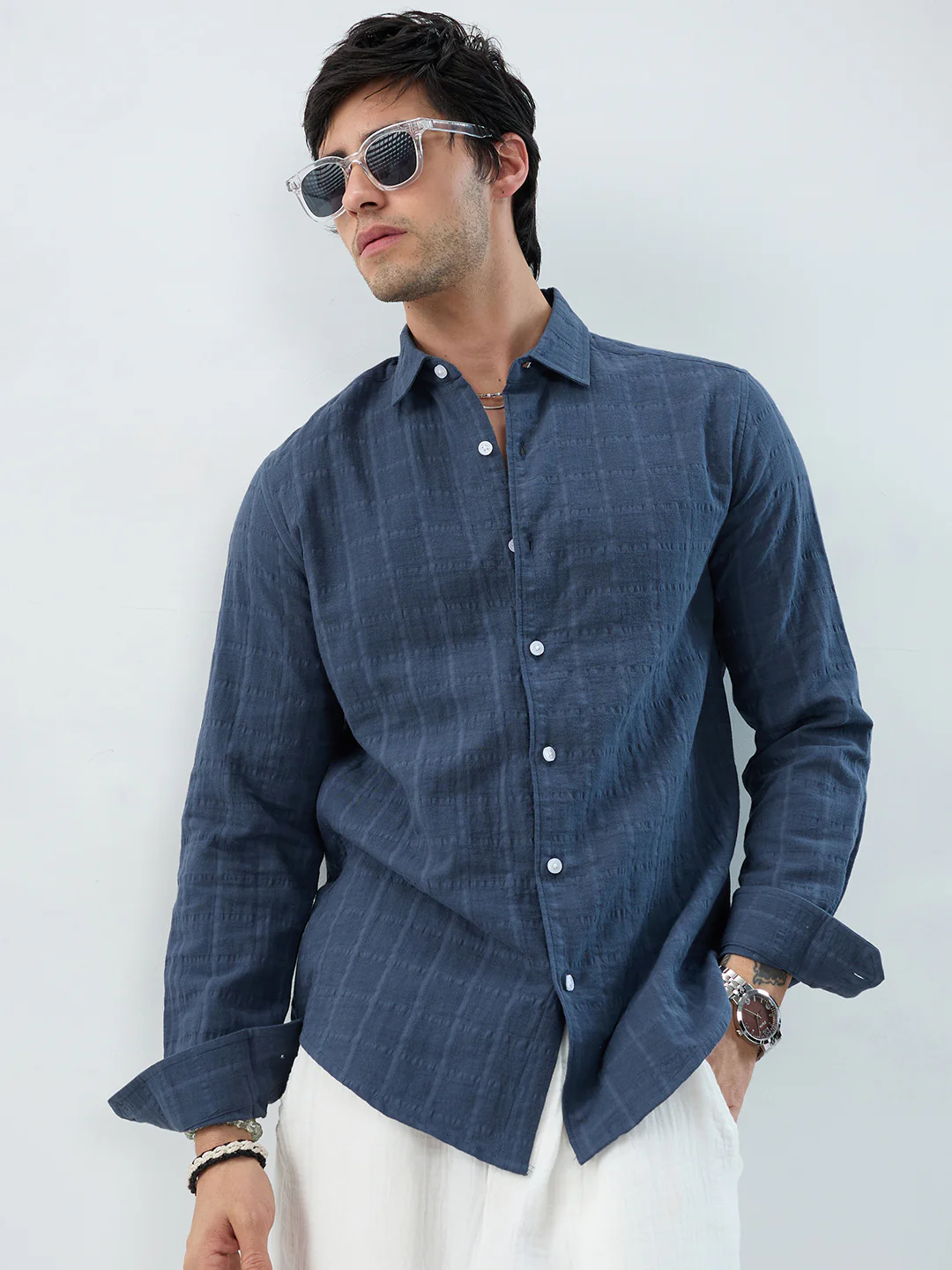 Spruce Blue Double Cloth Seersucker Checks Shirt - Image 2