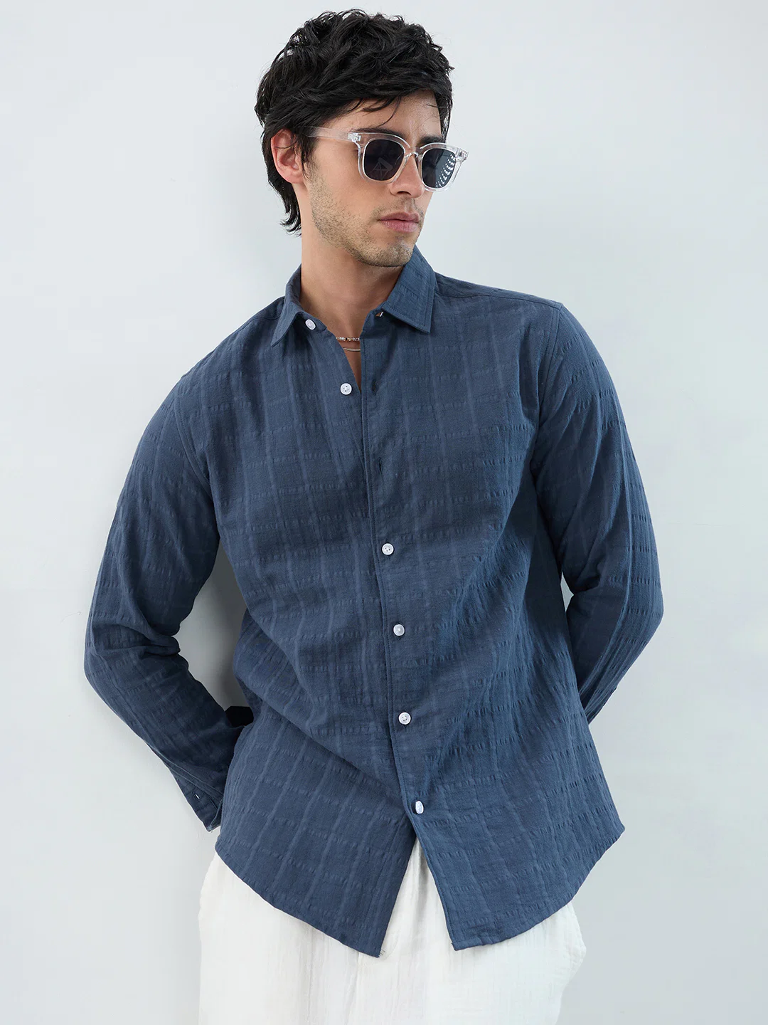 Spruce Blue Double Cloth Seersucker Checks Shirt - Image 4