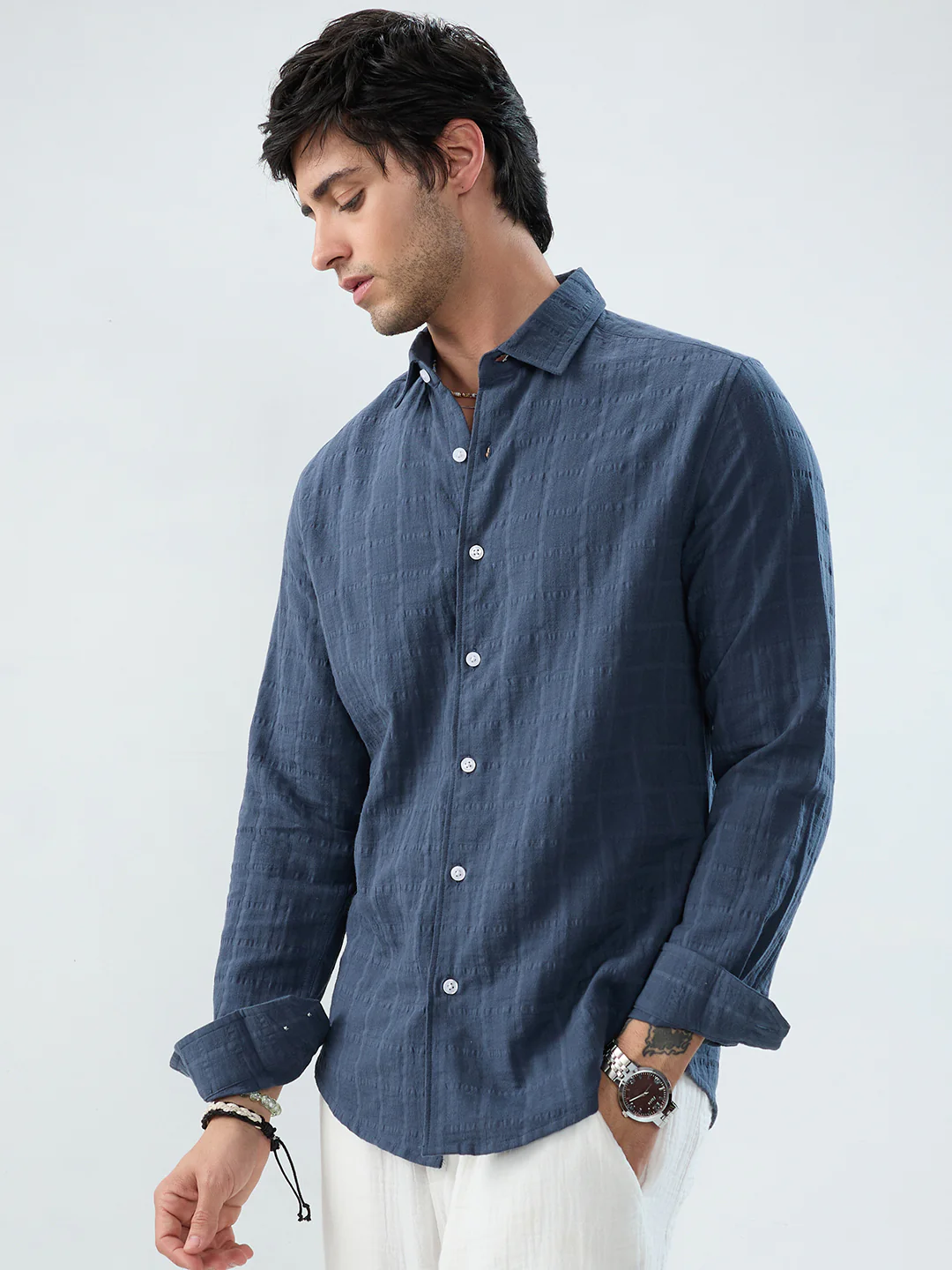 Spruce Blue Double Cloth Seersucker Checks Shirt - Image 6