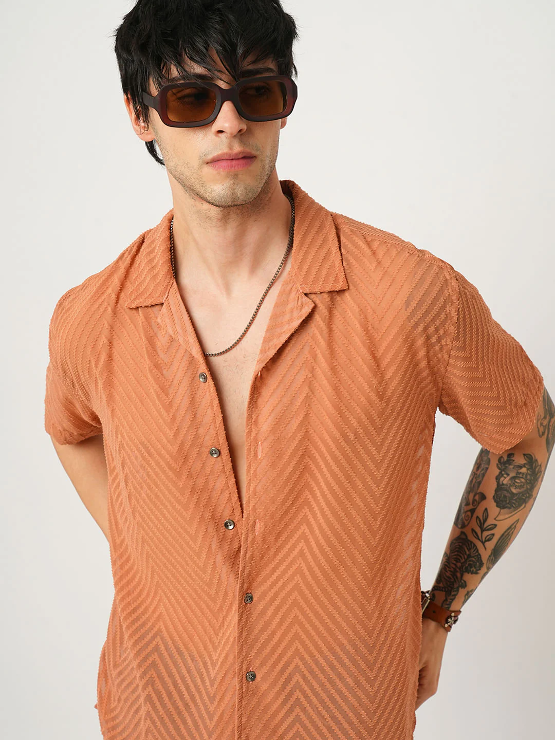 Squash Orange Textured Chiffon Oversized Shirt - Image 3