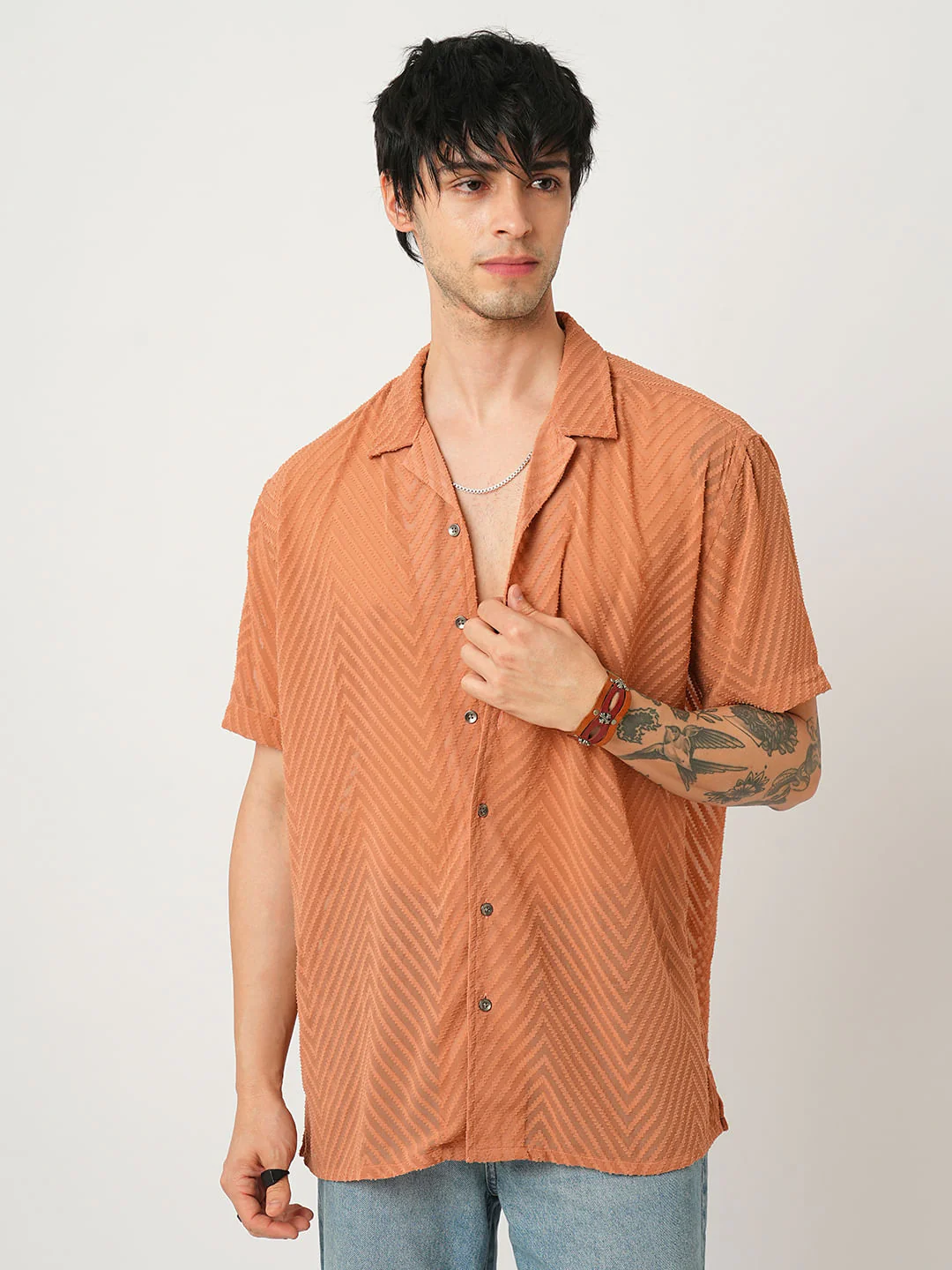 Squash Orange Textured Chiffon Oversized Shirt - Image 4