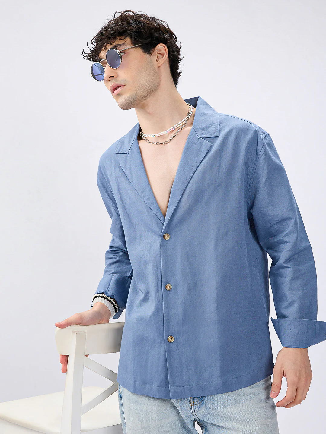 Steel Blue Linen Blend Lapel Collar Oversized Shirt - Image 2
