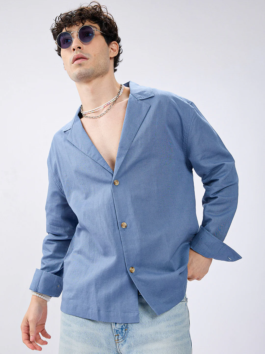 Steel Blue Linen Blend Lapel Collar Oversized Shirt - Image 4