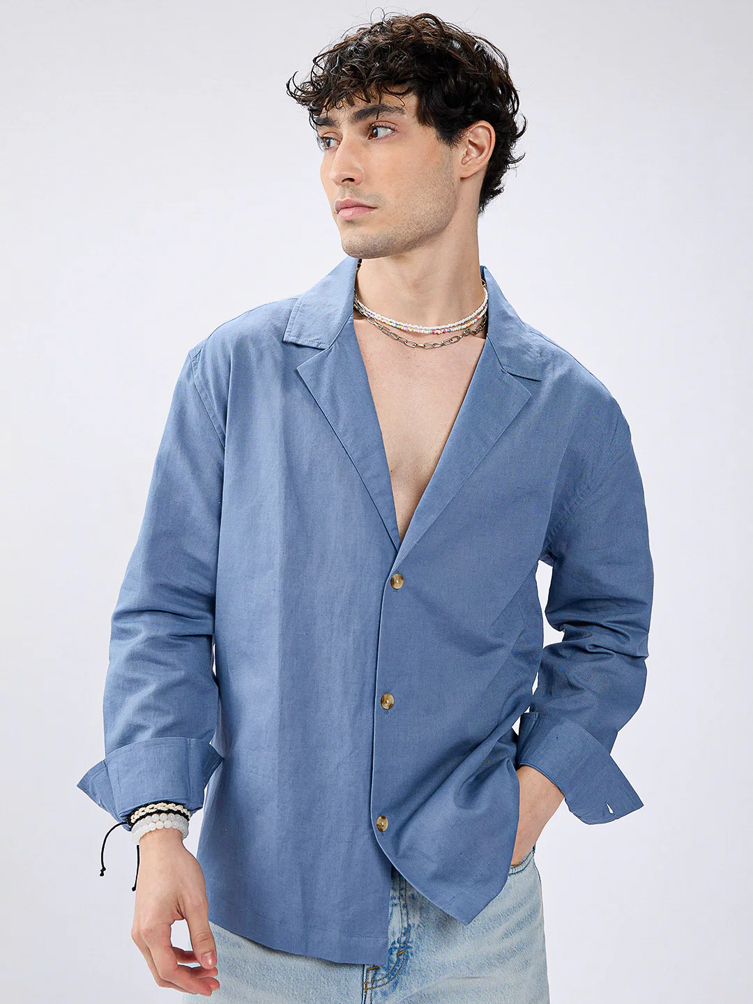 Steel Blue Linen Blend Lapel Collar Oversized Shirt - Image 5