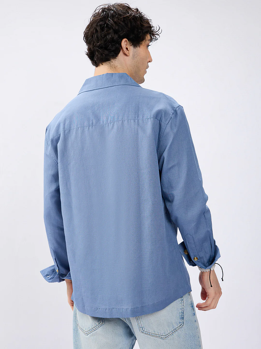Steel Blue Linen Blend Lapel Collar Oversized Shirt - Image 7