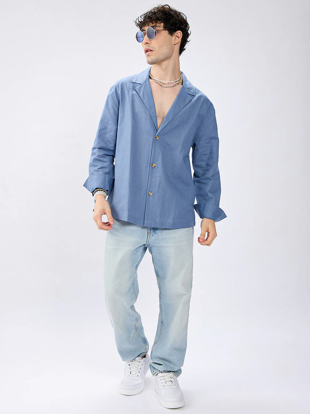 Steel Blue Linen Blend Lapel Collar Oversized Shirt - Image 8