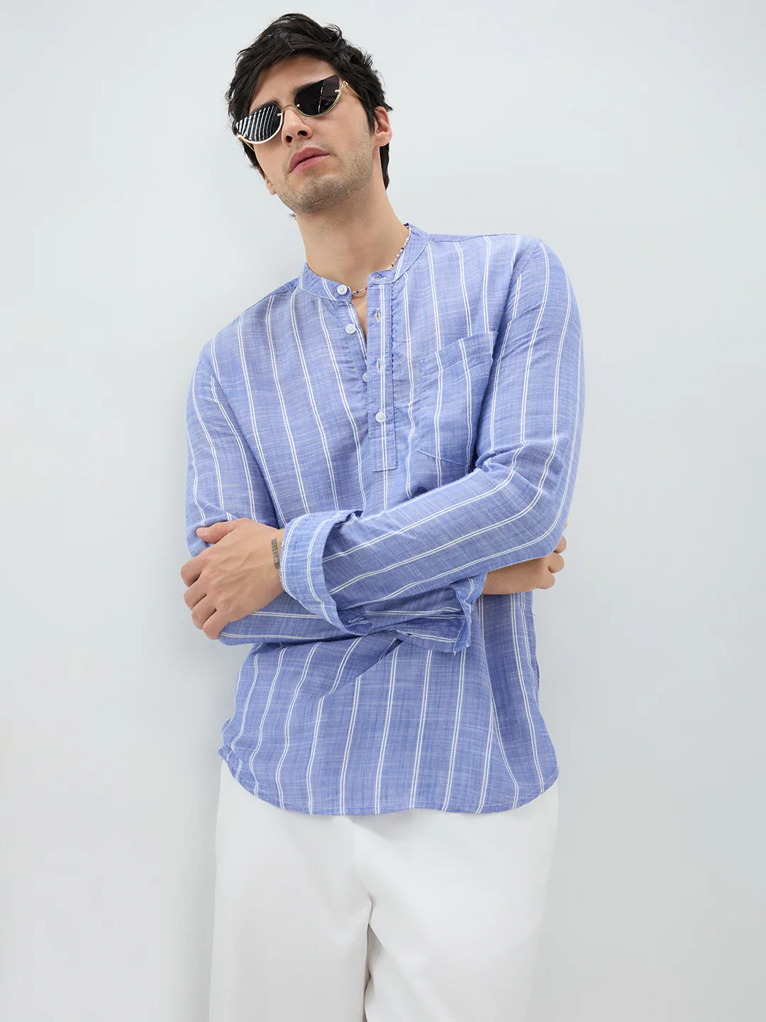 Steel Blue Striped Kurta - Image 2