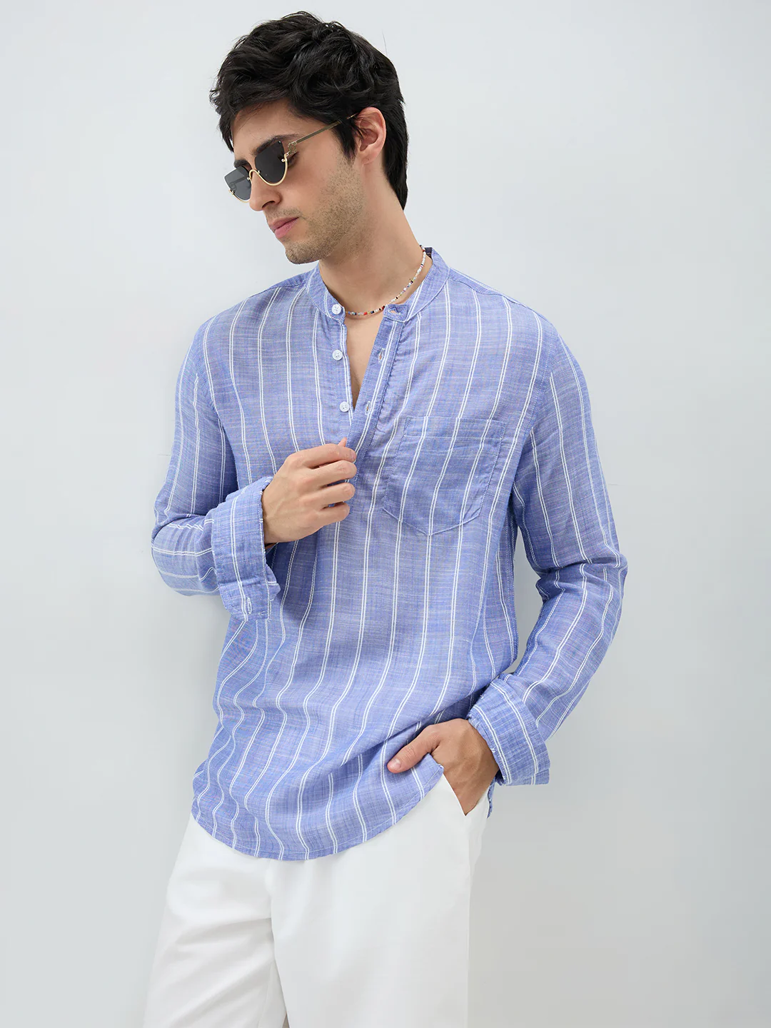 Steel Blue Striped Kurta - Image 4
