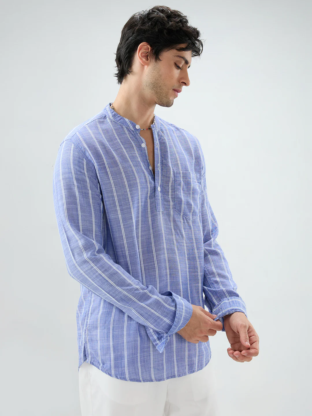 Steel Blue Striped Kurta - Image 6