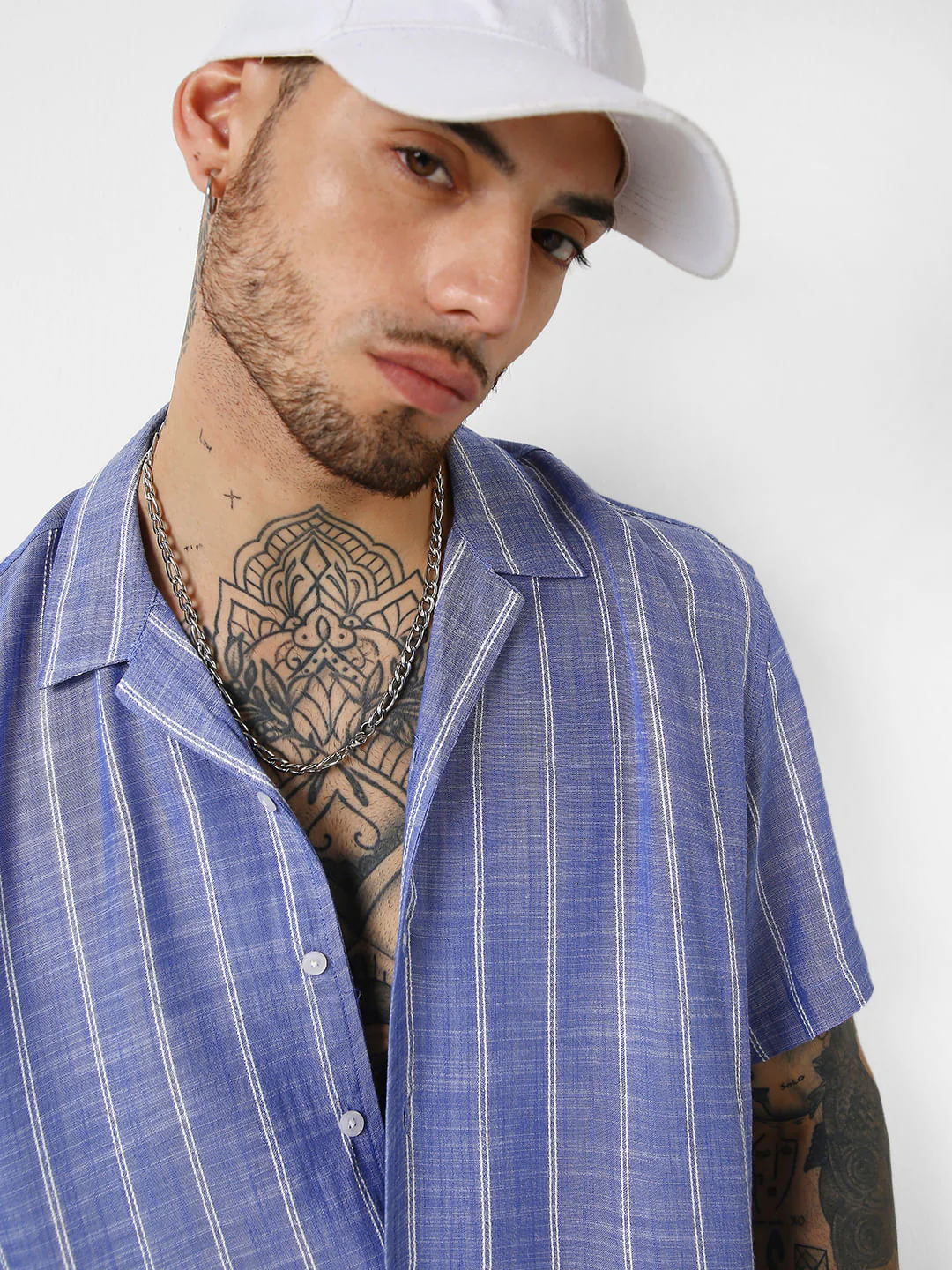 Steel Blue Striped Resort Collar Oversized Shirt - Image 2