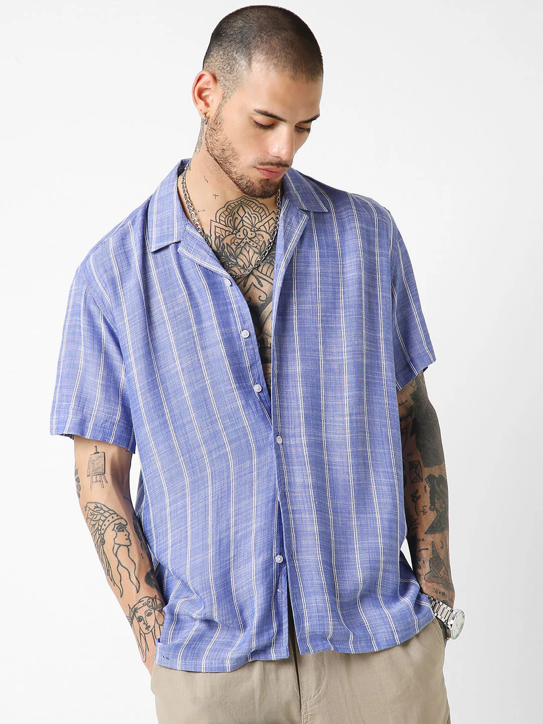 Steel Blue Striped Resort Collar Oversized Shirt - Image 5