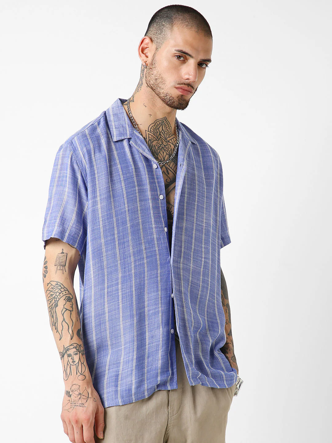Steel Blue Striped Resort Collar Oversized Shirt - Image 6