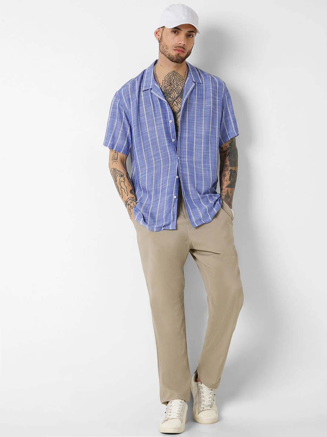 Steel Blue Striped Resort Collar Oversized Shirt - Image 8