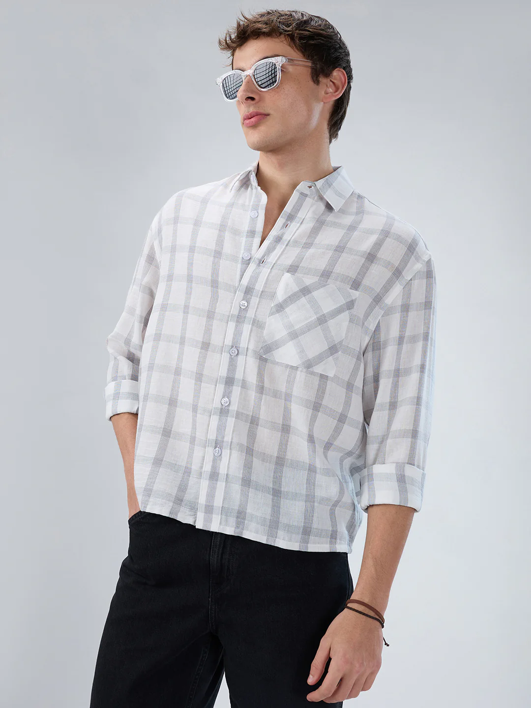 Stone Grey Checks Fine-Weave Boxy Fit Crop Shirt - Image 4