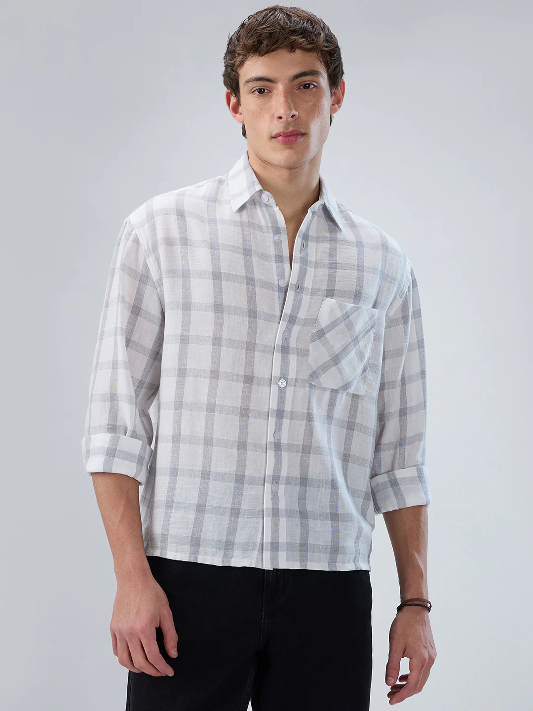 Stone Grey Checks Fine-Weave Boxy Fit Crop Shirt - Image 5