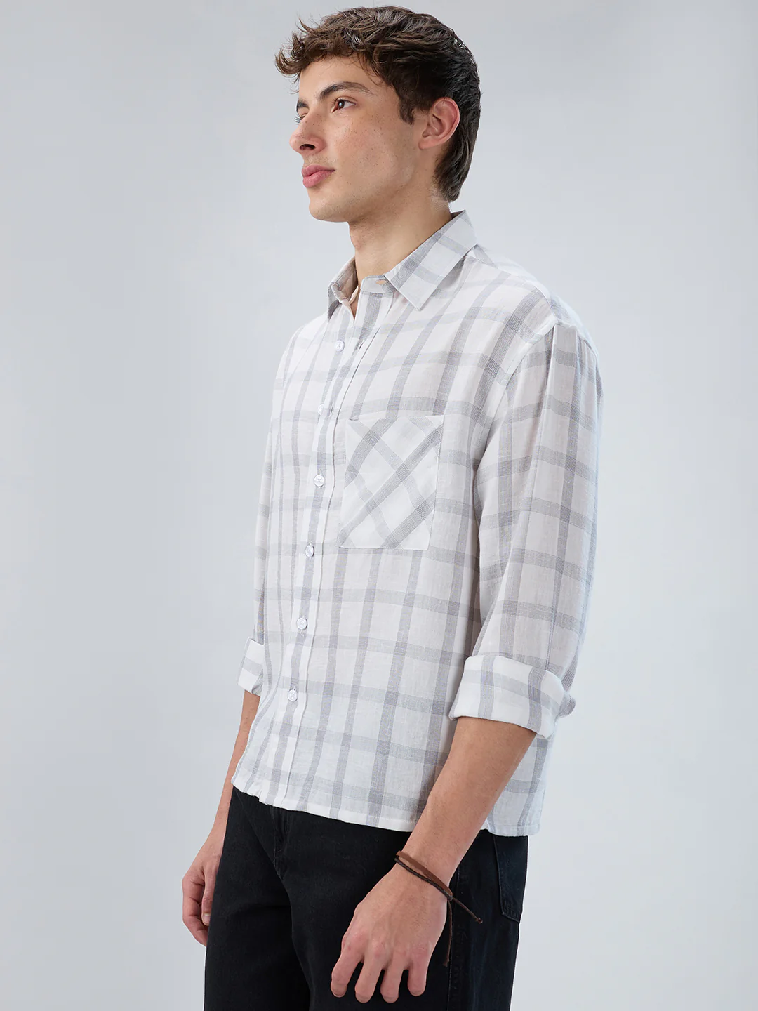 Stone Grey Checks Fine-Weave Boxy Fit Crop Shirt - Image 6