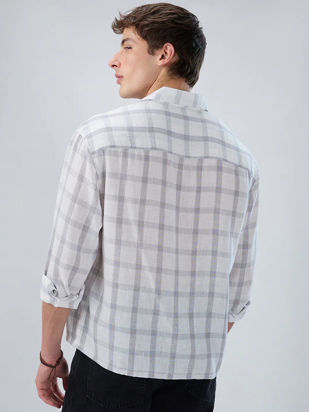 Stone Grey Checks Fine-Weave Boxy Fit Crop Shirt - Image 7