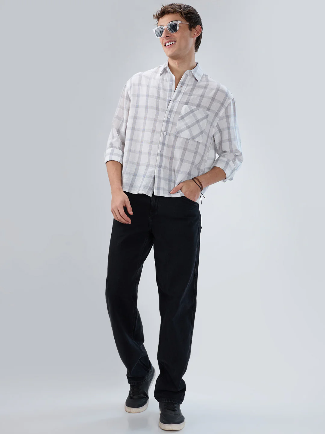 Stone Grey Checks Fine-Weave Boxy Fit Crop Shirt - Image 8