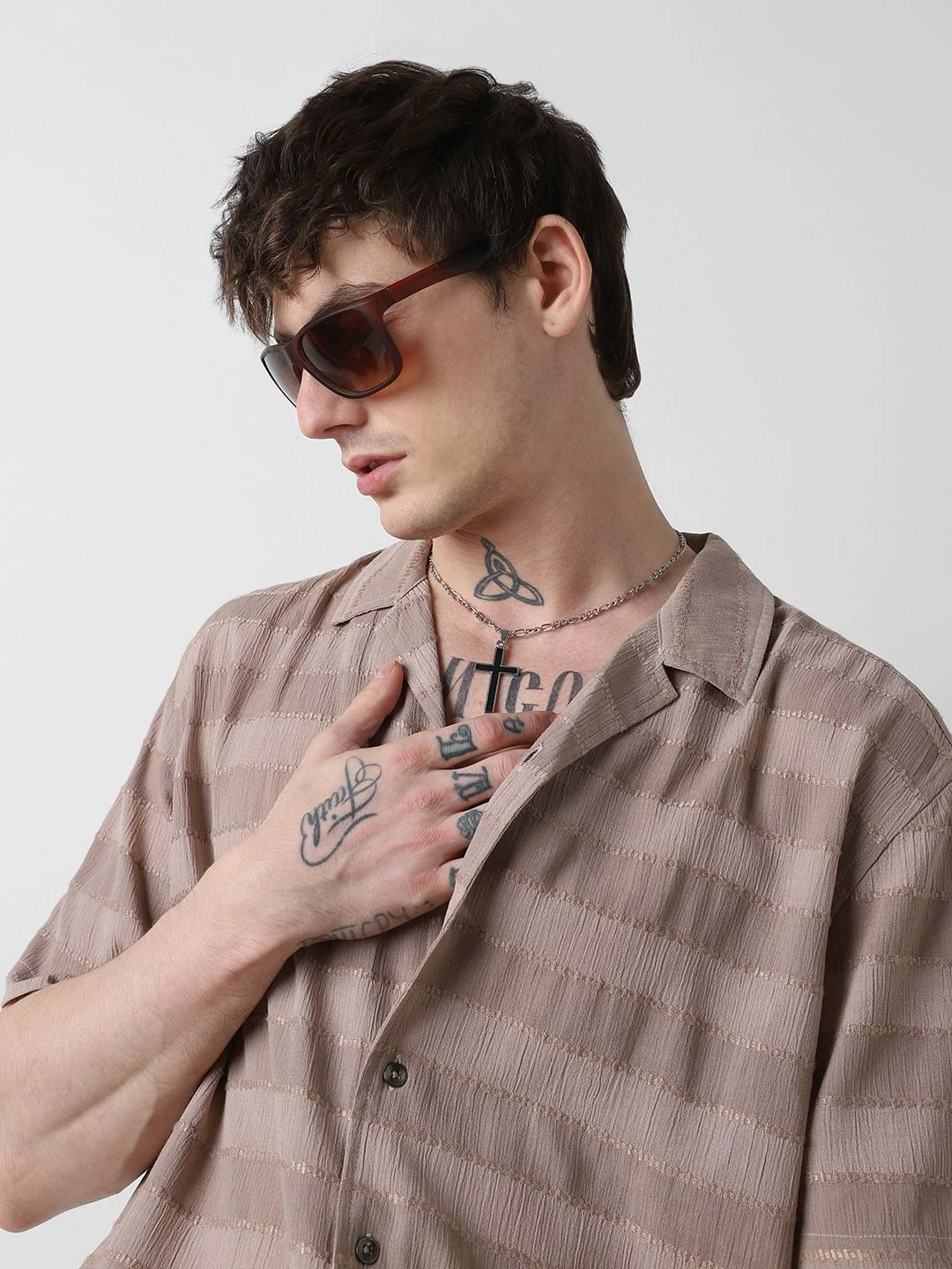 Stonish Beige Dobby Striped Oversized Shirt - Image 2