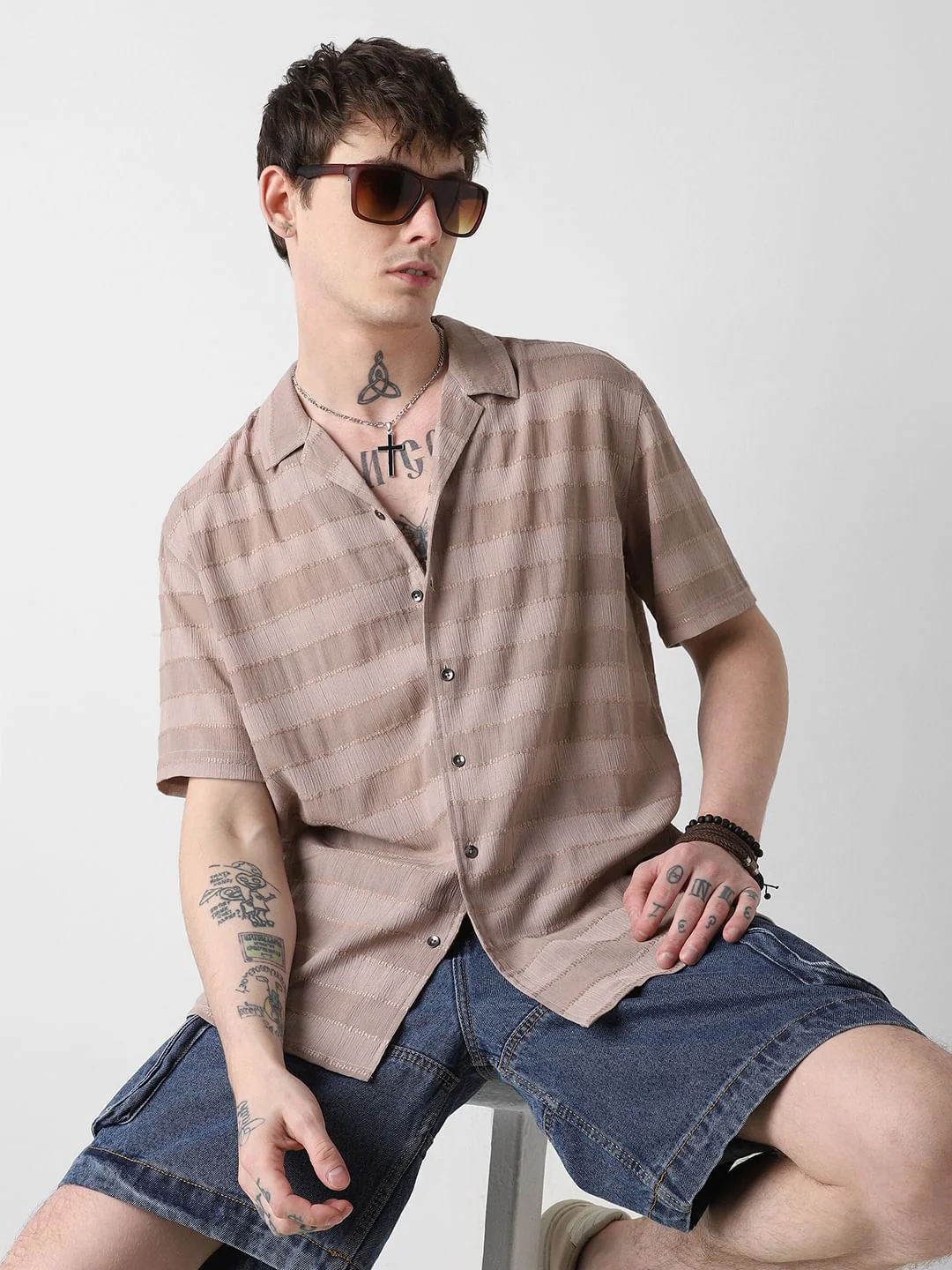 Stonish Beige Dobby Striped Oversized Shirt - Image 4
