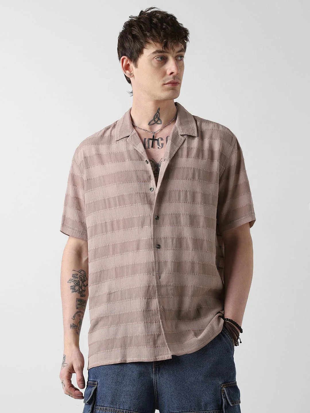 Stonish Beige Dobby Striped Oversized Shirt - Image 5