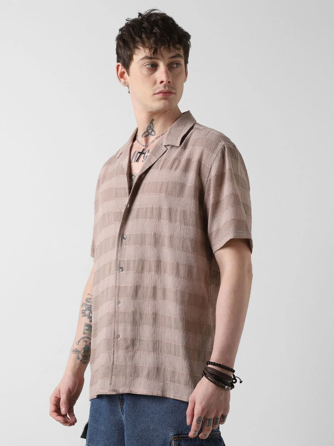 Stonish Beige Dobby Striped Oversized Shirt - Image 6