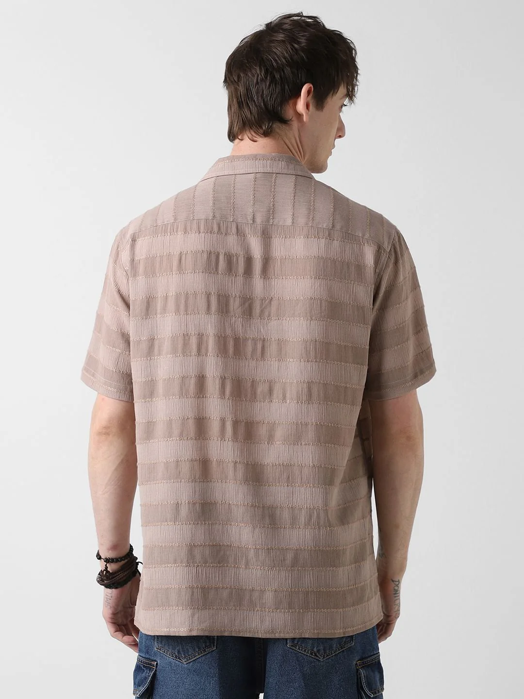 Stonish Beige Dobby Striped Oversized Shirt - Image 7