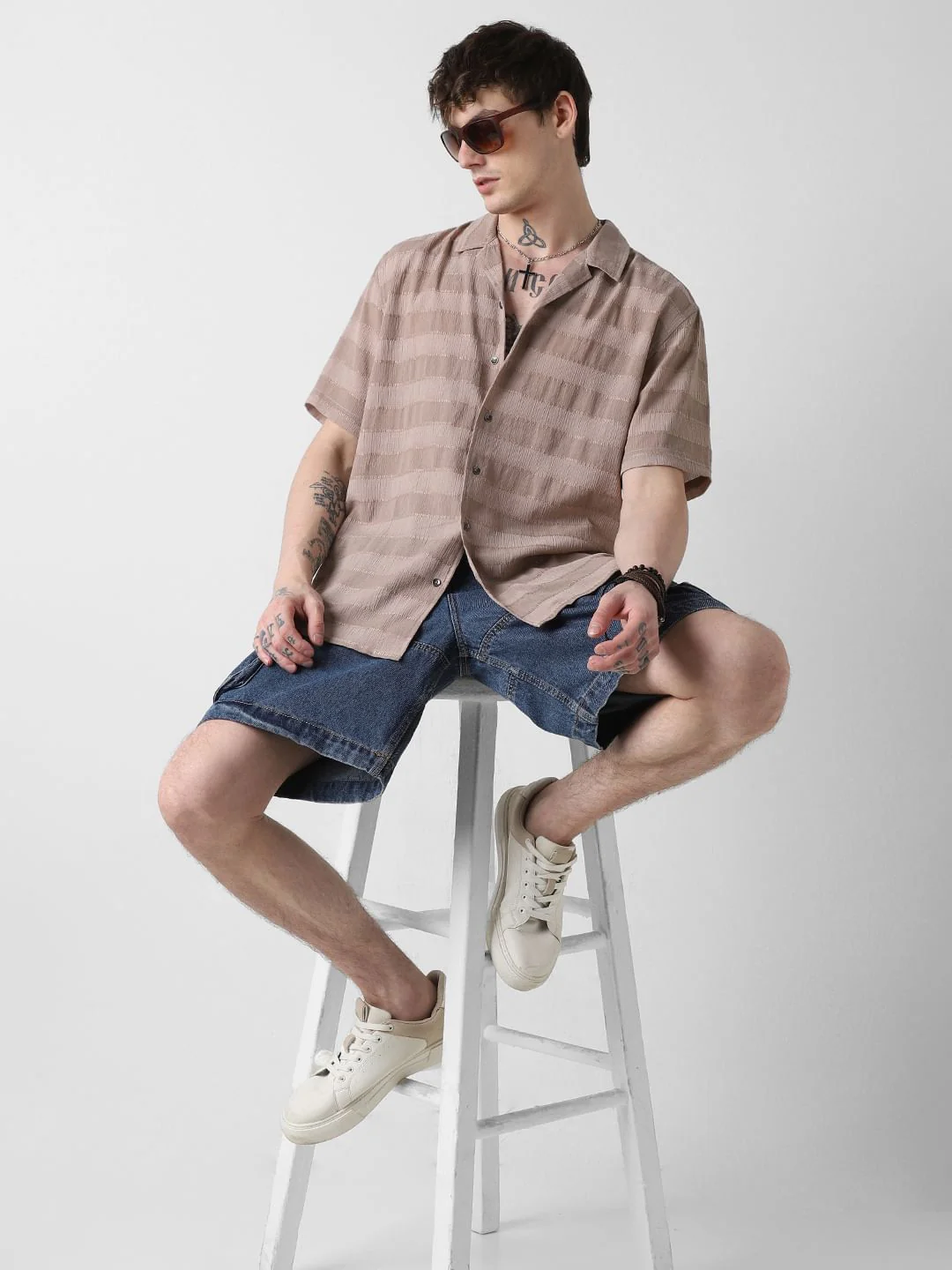 Stonish Beige Dobby Striped Oversized Shirt - Image 8