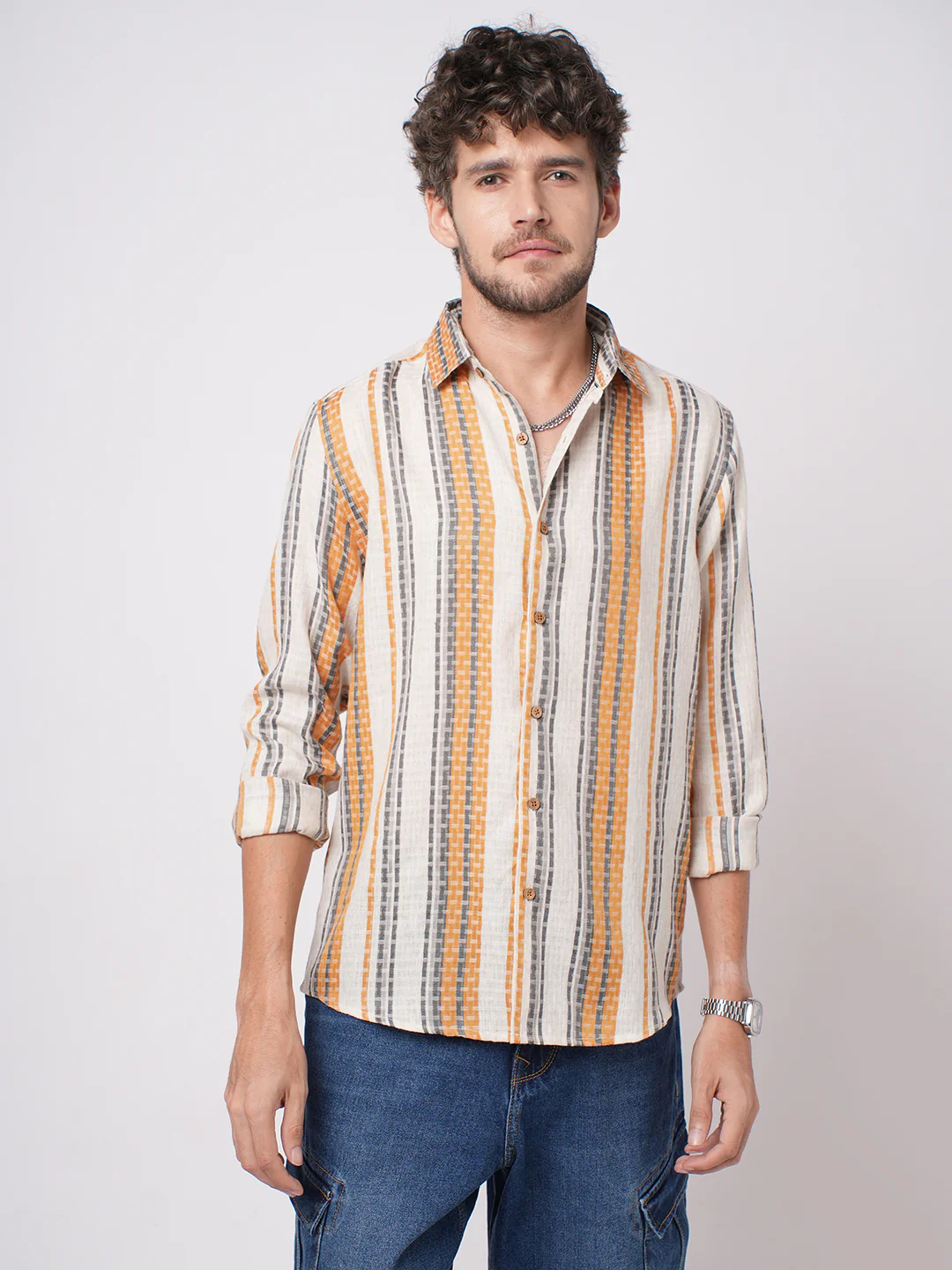Stylish Multicolor Dobby Striped Shirt - Image 5