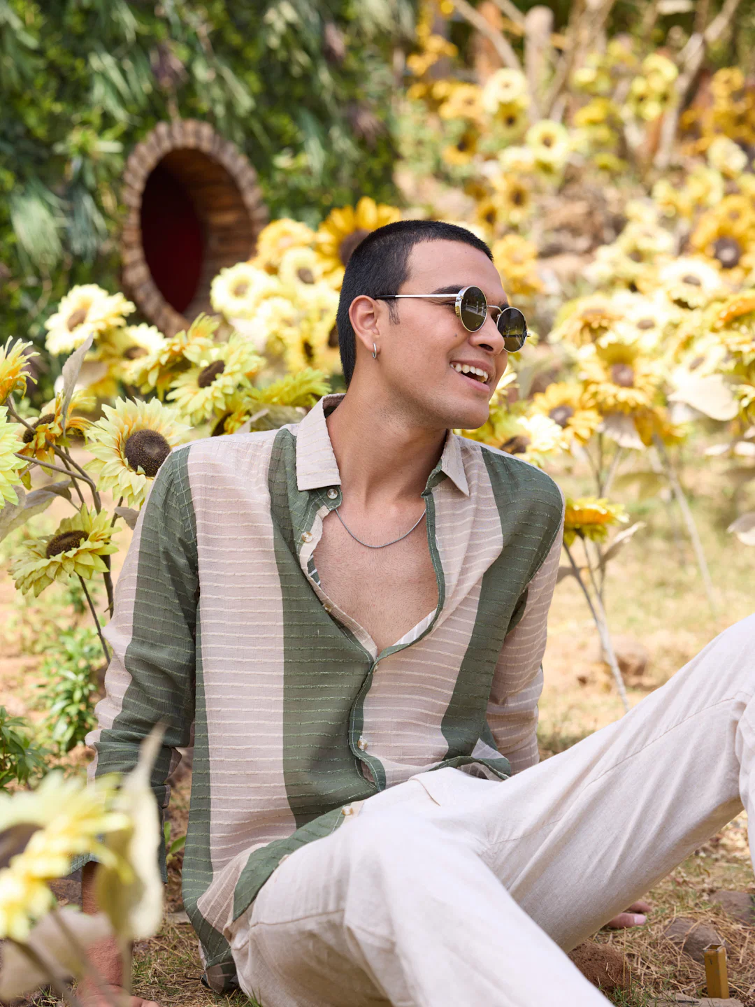 Suave Olive & Beige Horizontal Striped Dobby Shirt - Image 2