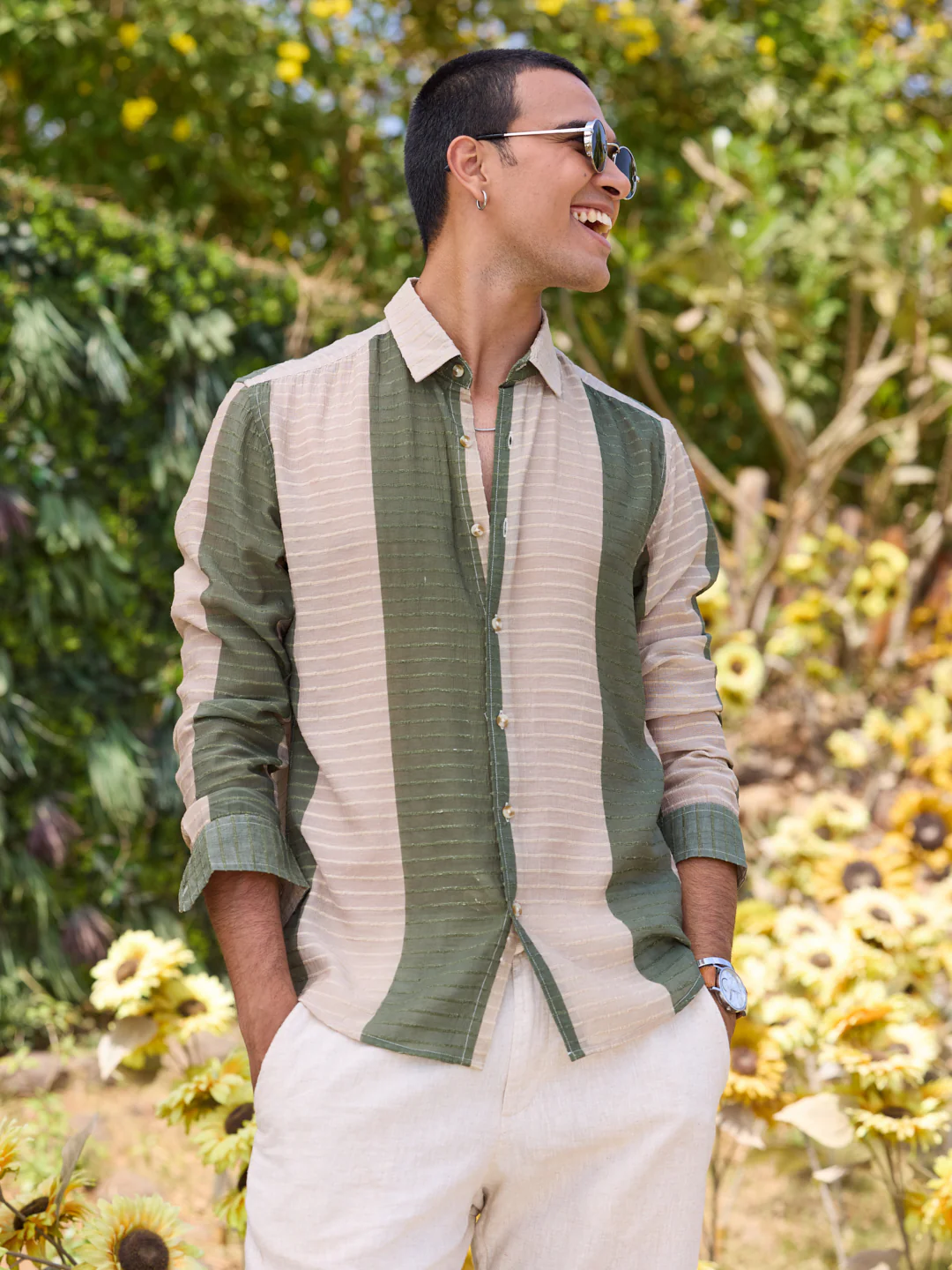 Suave Olive & Beige Horizontal Striped Dobby Shirt - Image 3