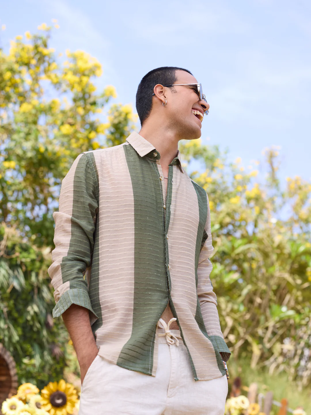 Suave Olive & Beige Horizontal Striped Dobby Shirt - Image 4
