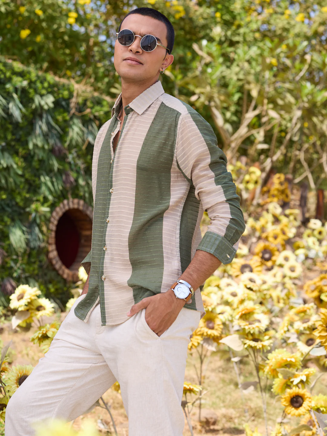 Suave Olive & Beige Horizontal Striped Dobby Shirt - Image 5