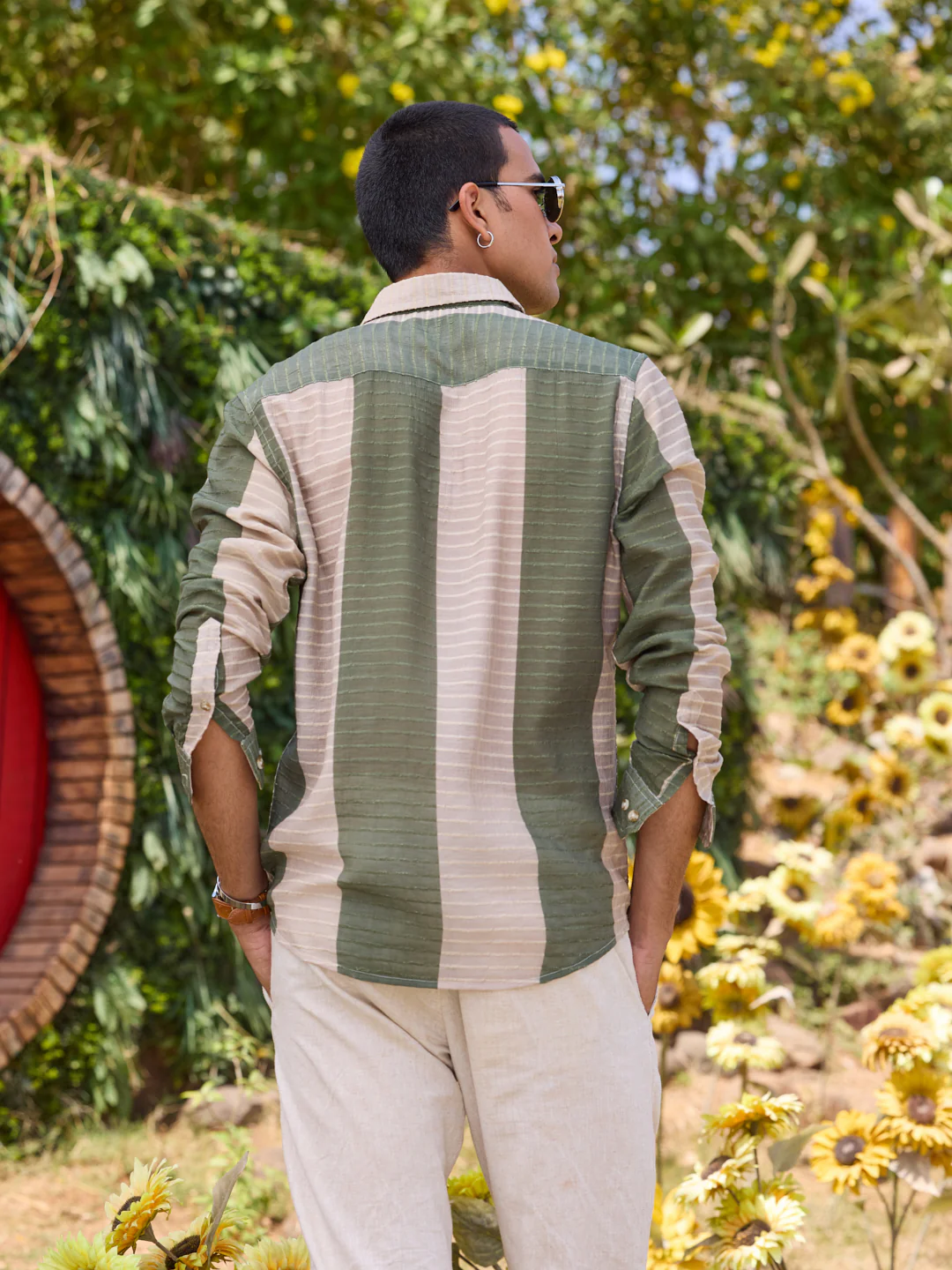 Suave Olive & Beige Horizontal Striped Dobby Shirt - Image 6