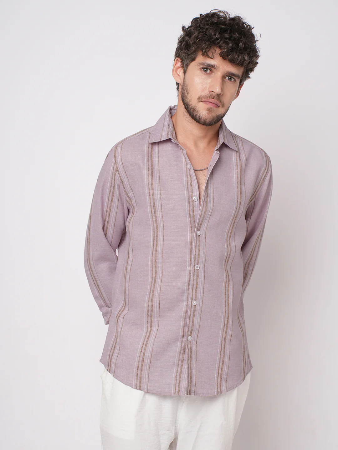 Subtle Pink Vertical Striped Linen Blend Shirt - Image 5