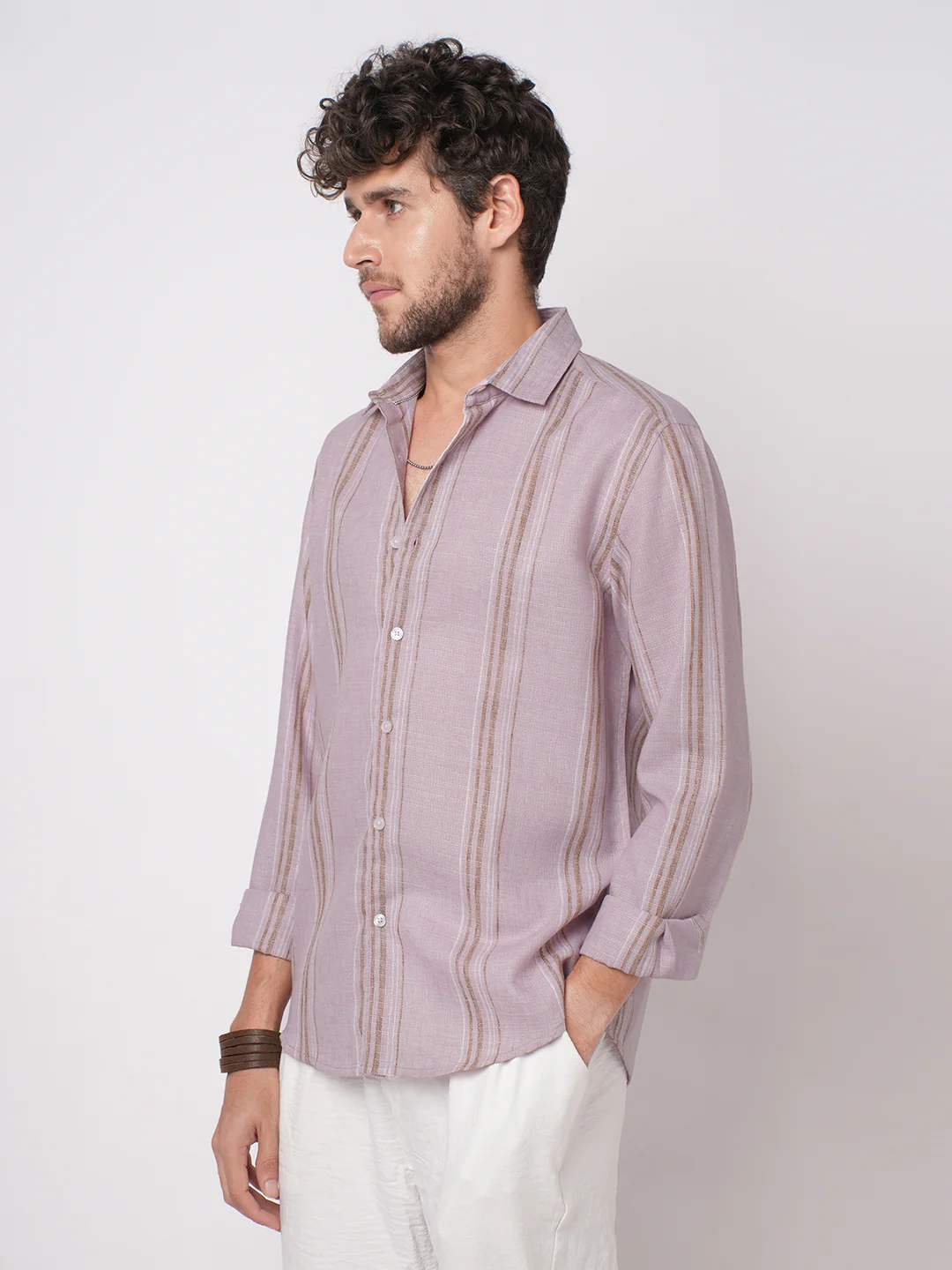 Subtle Pink Vertical Striped Linen Blend Shirt - Image 6
