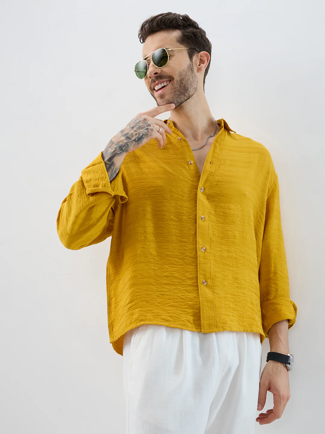 Sunlit Golden Aura Horizontal Textured Boxy Fit Crop Shirt - Image 2