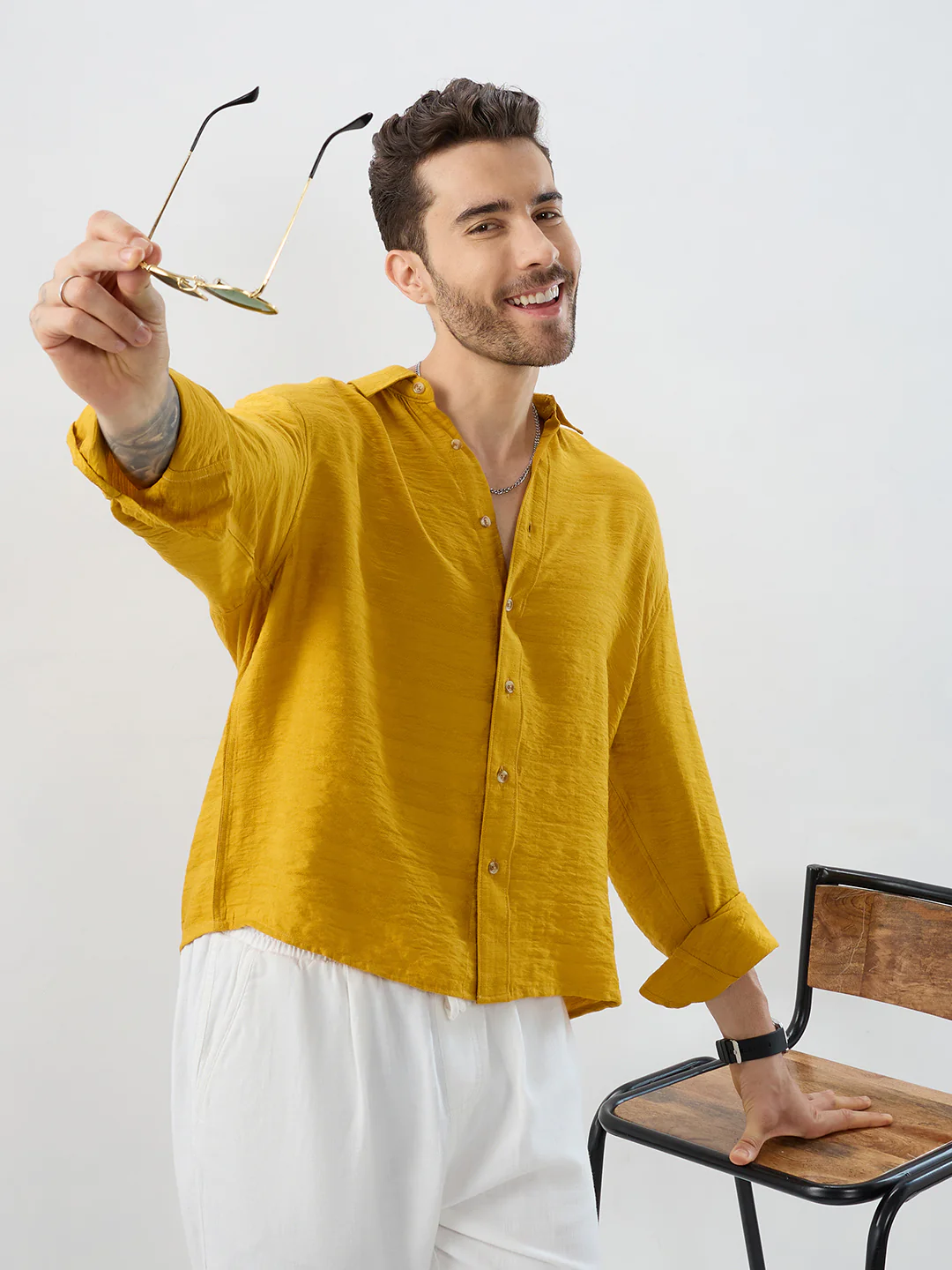 Sunlit Golden Aura Horizontal Textured Boxy Fit Crop Shirt - Image 4