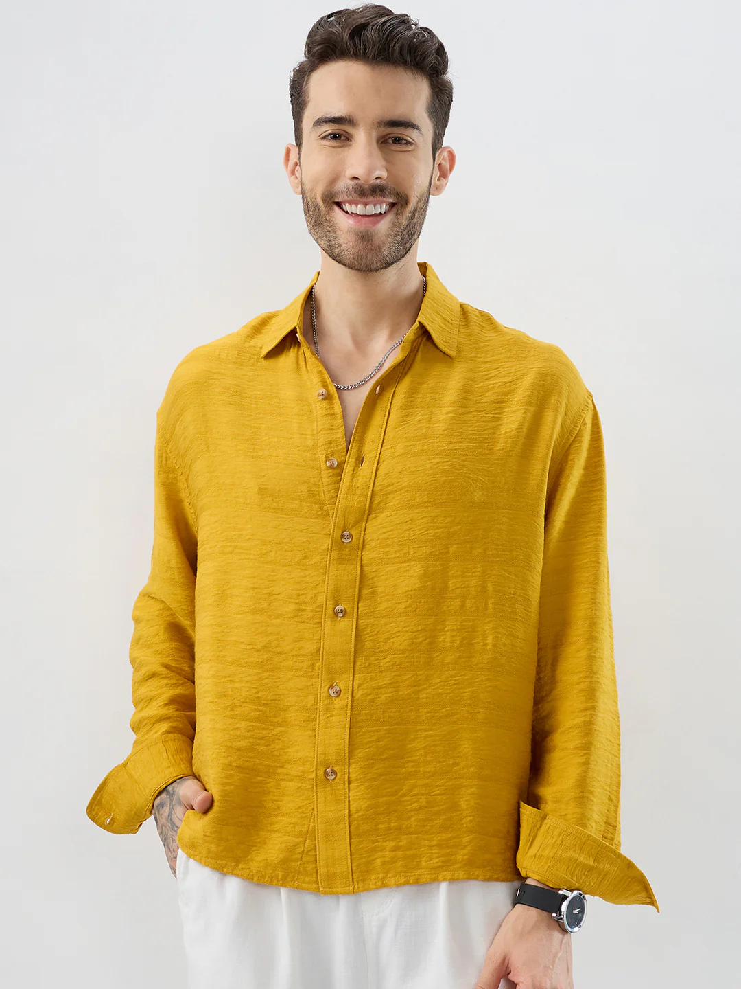 Sunlit Golden Aura Horizontal Textured Boxy Fit Crop Shirt - Image 5