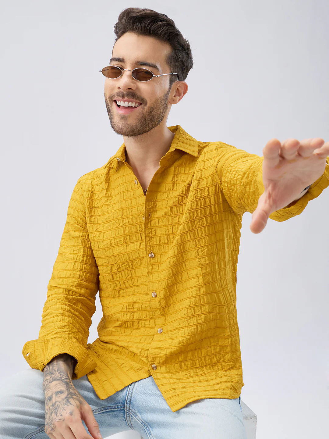 Sunlit Mustard Crinkled Jacquard Shirt - Image 2